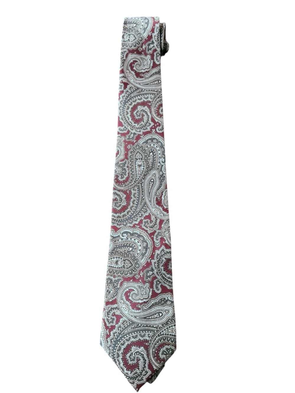 Vintage 80s YSL Yves Saint Laurent Neckwear Men Paisley Silk Tie Grey Burgundy